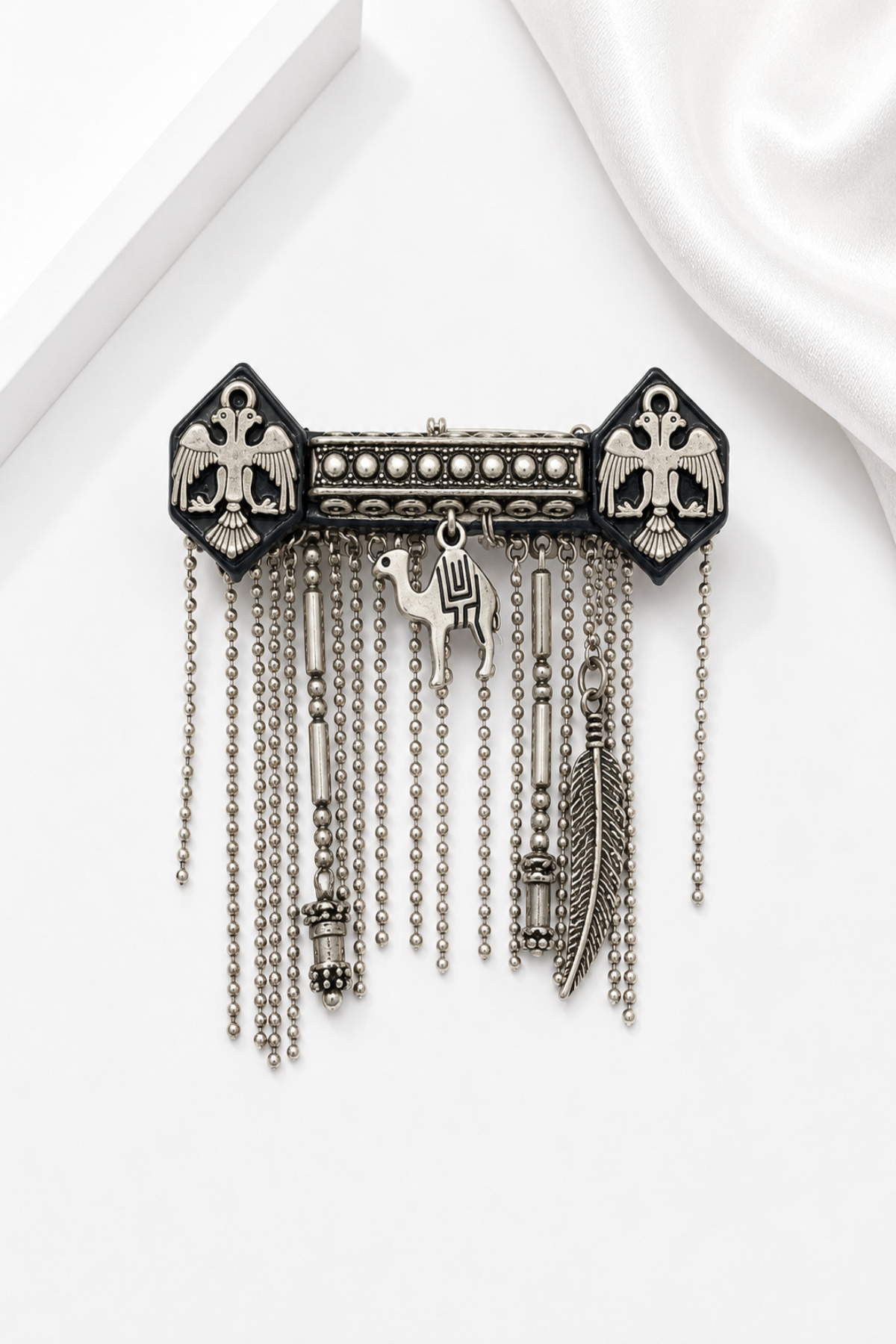 Black & Silver Eagle Embellished Statement Chain Brooch