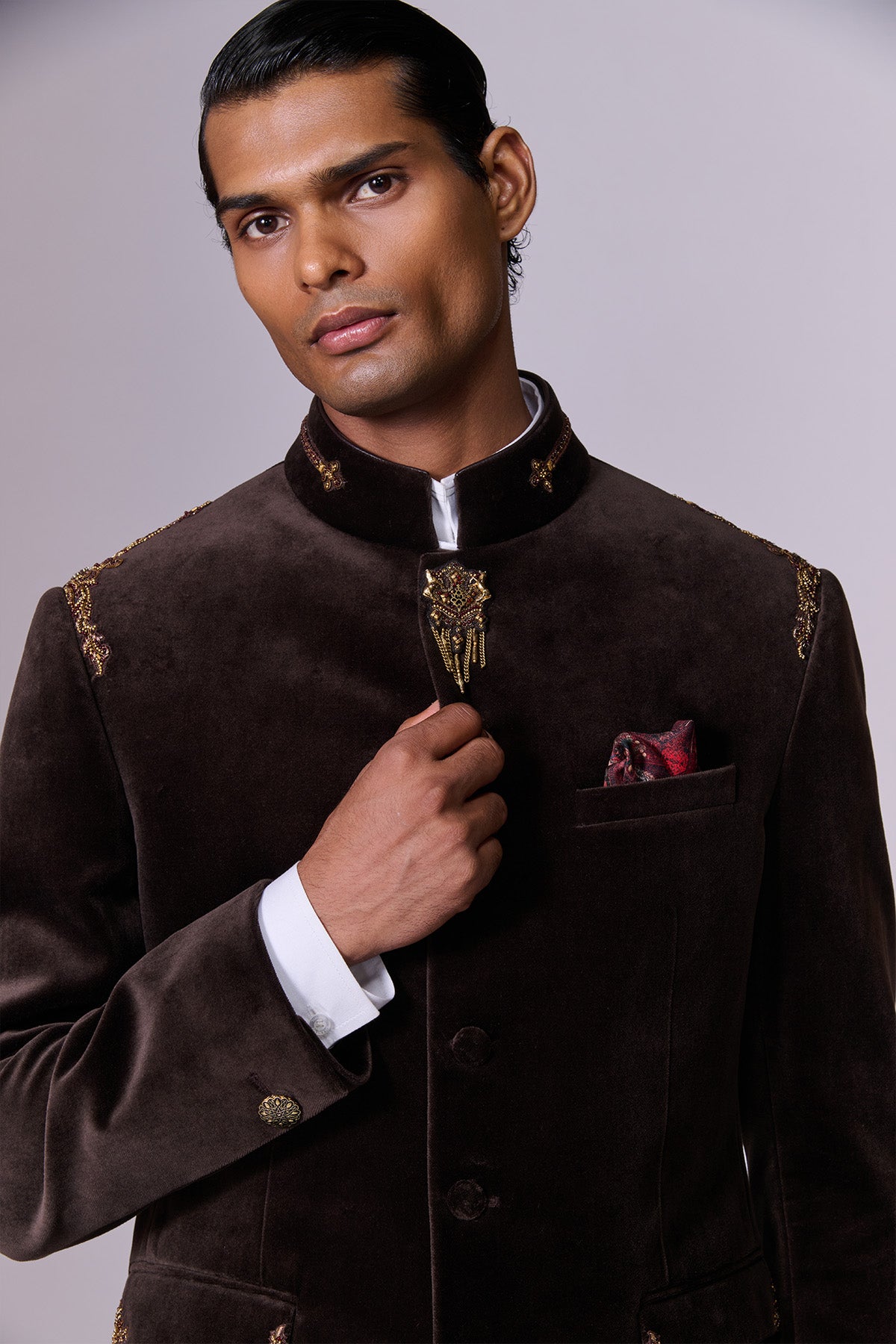 Espresso Velvet Bandhgala Set