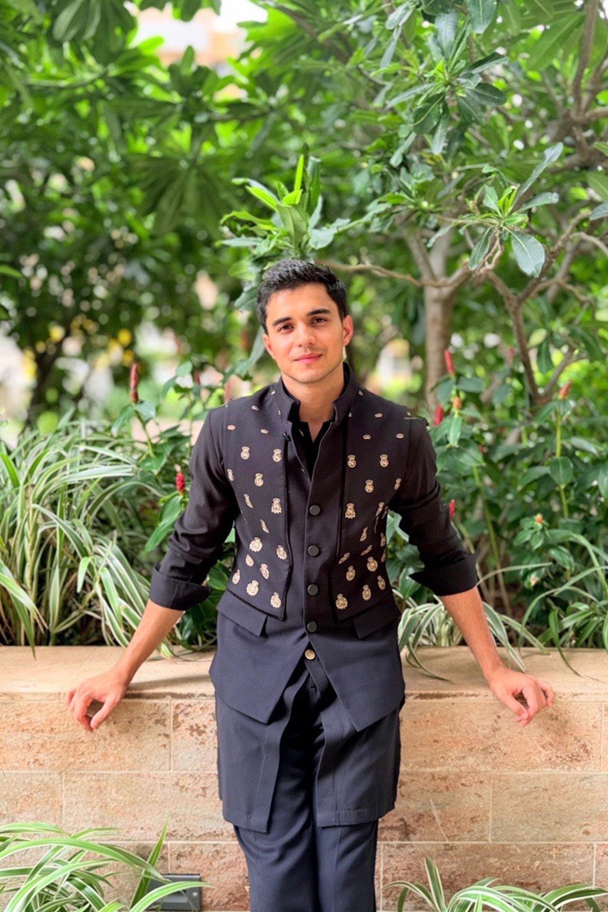 Abhay Verma In Black Classic Waistcoat with Embroidered Panel