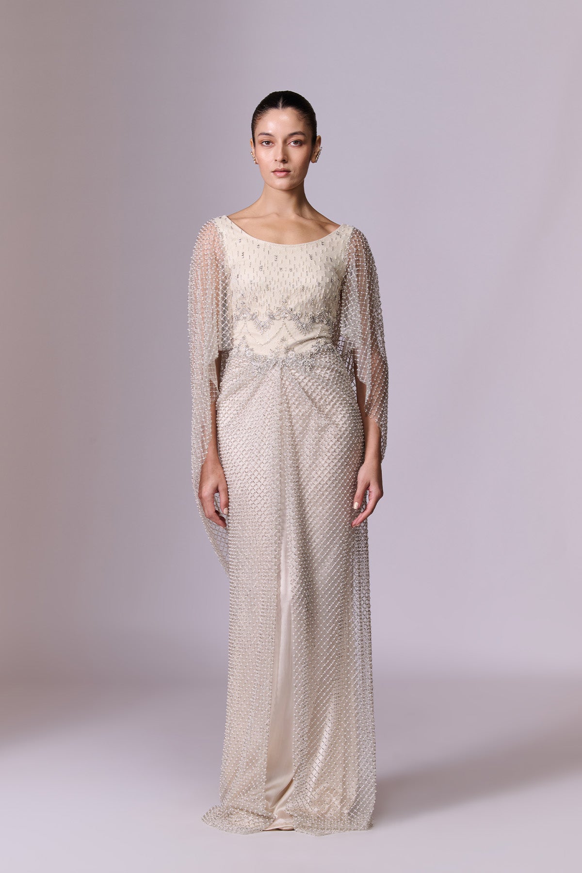 Ivory Pearl-Embellished Cape Sleeve Gown
