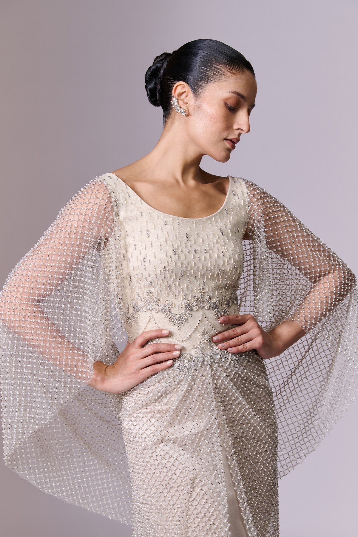 Ivory Pearl-Embellished Cape Sleeve Gown