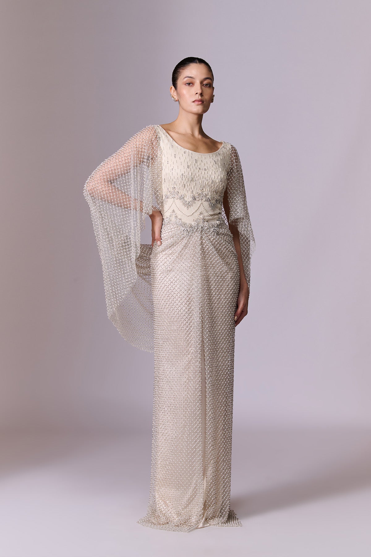 Ivory Pearl-Embellished Cape Sleeve Gown