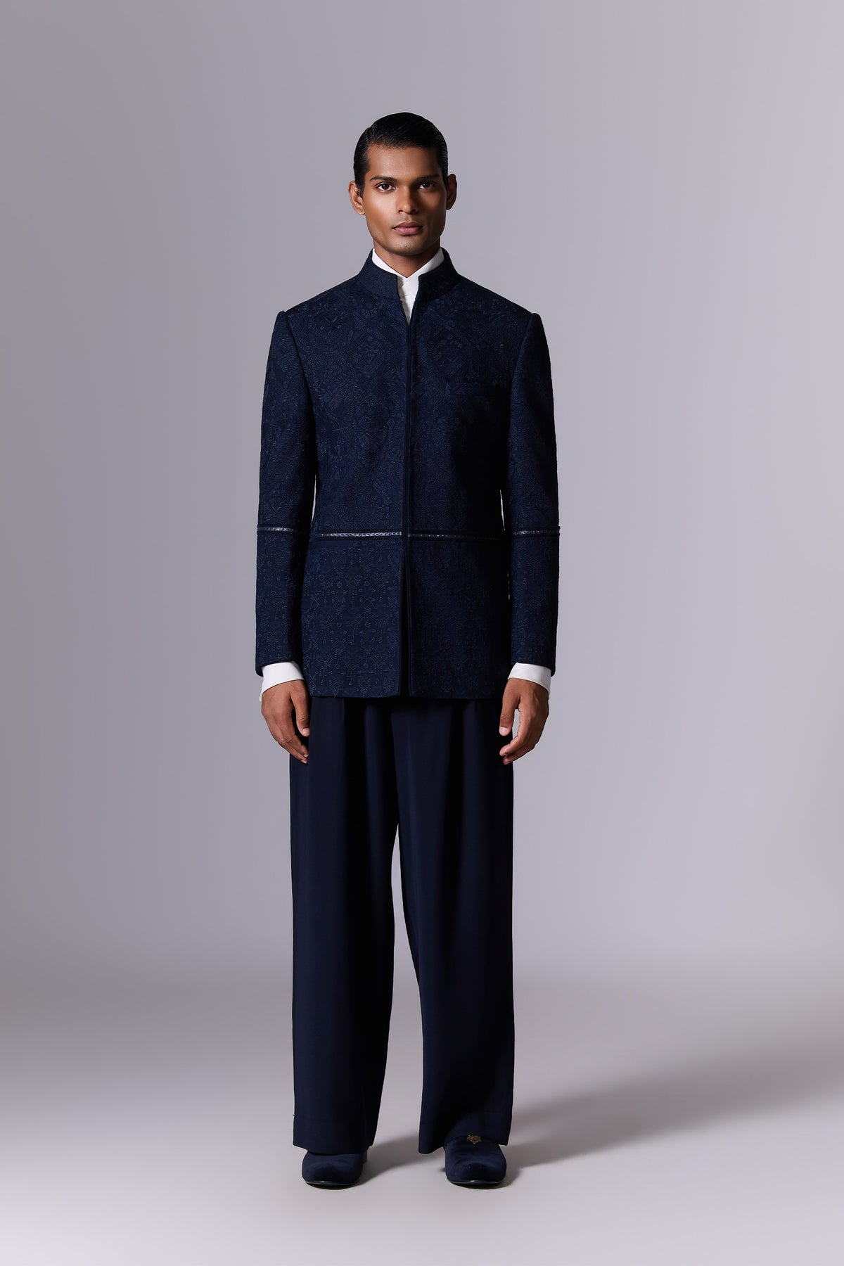 Midnight Blue Crushed Georgette Bandhgala Set