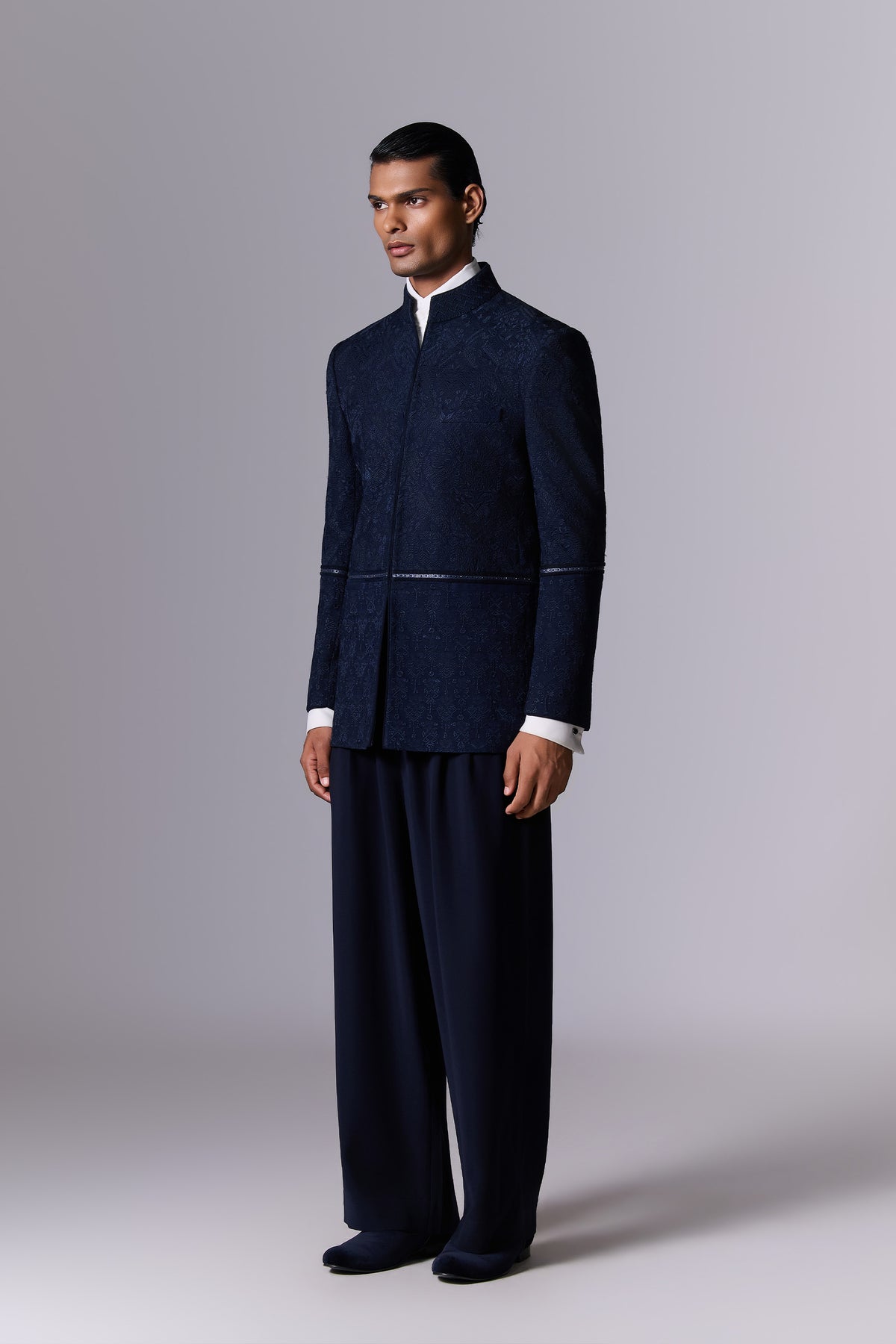 Midnight Blue Crushed Georgette Bandhgala Set