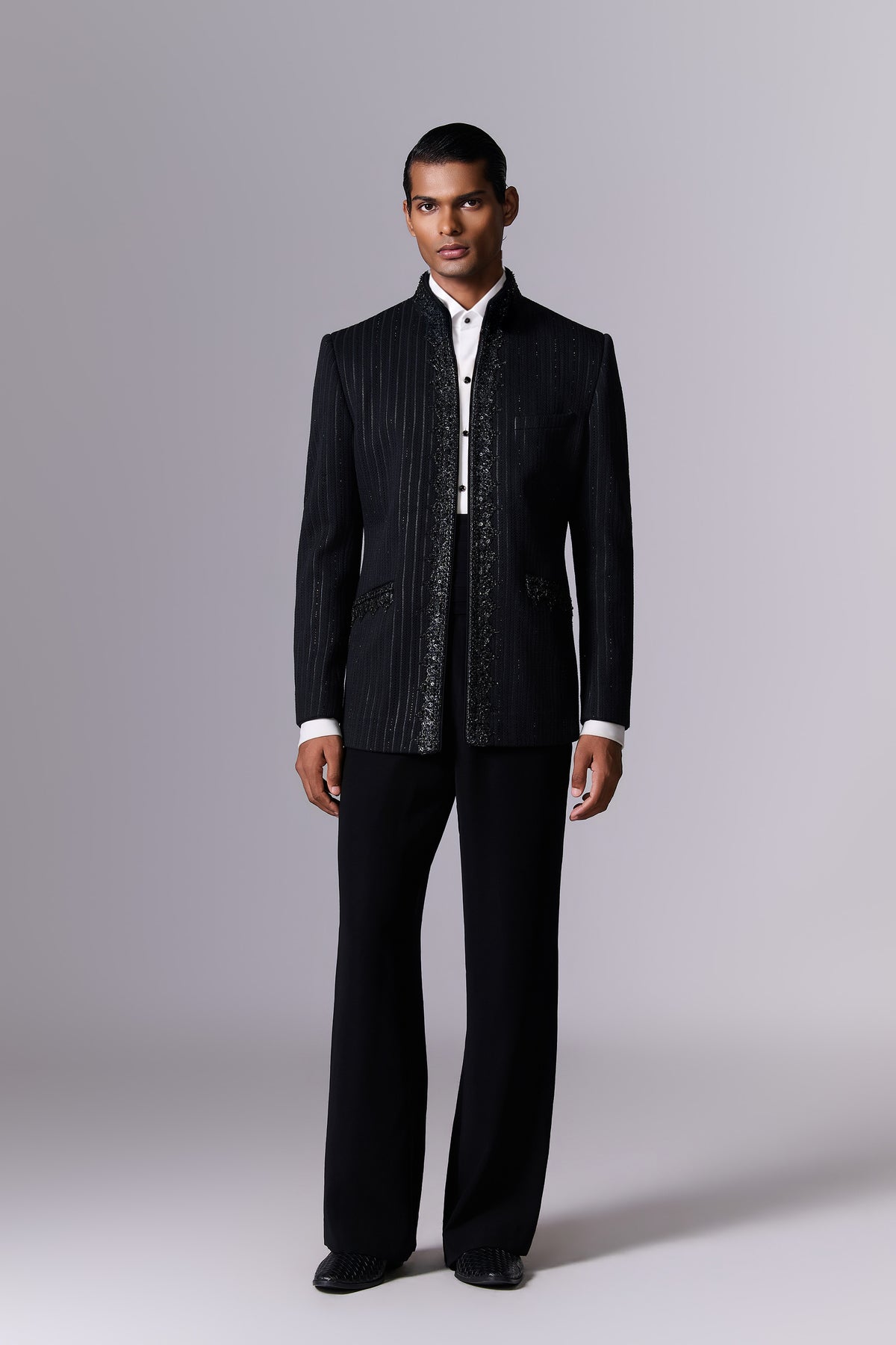 Obsidian Black Textured Bandhgala Set