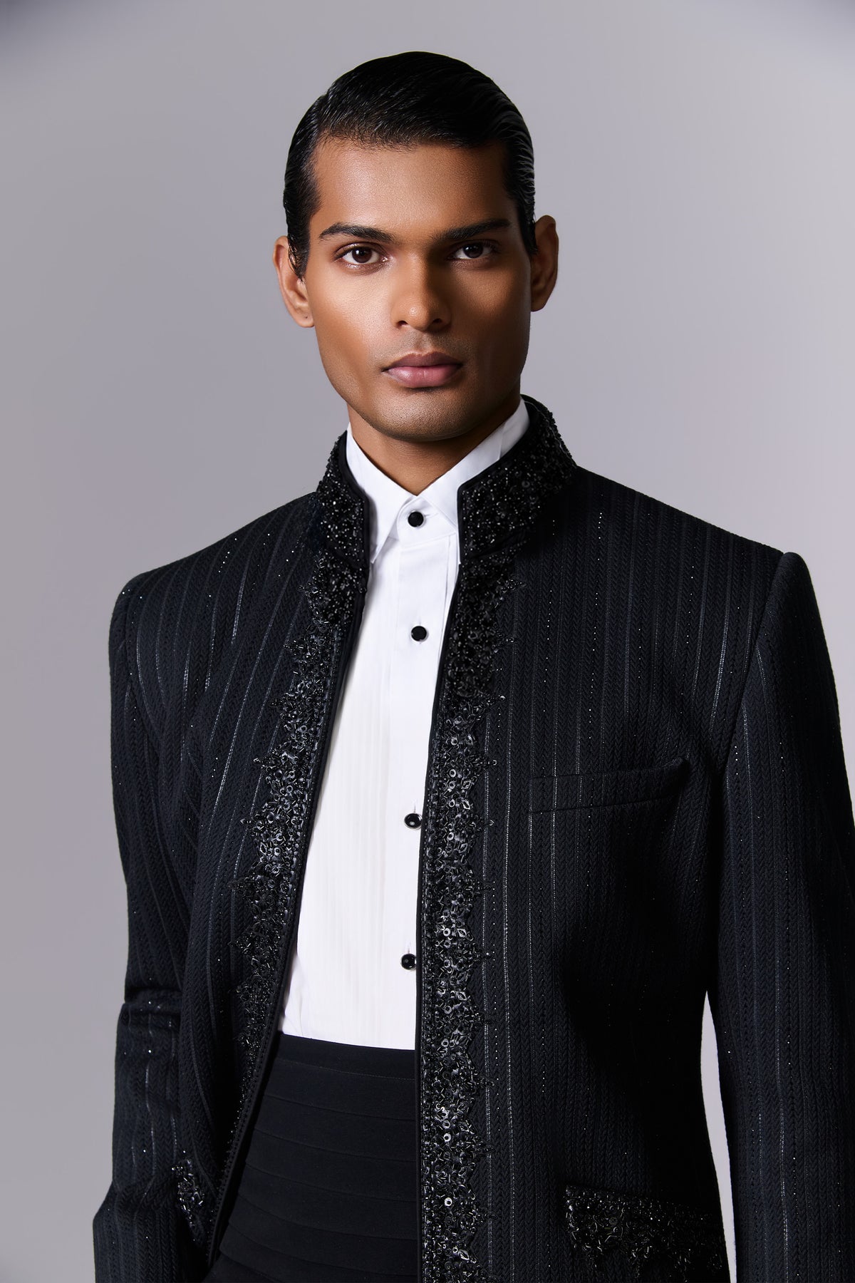 Obsidian Black Textured Bandhgala Set