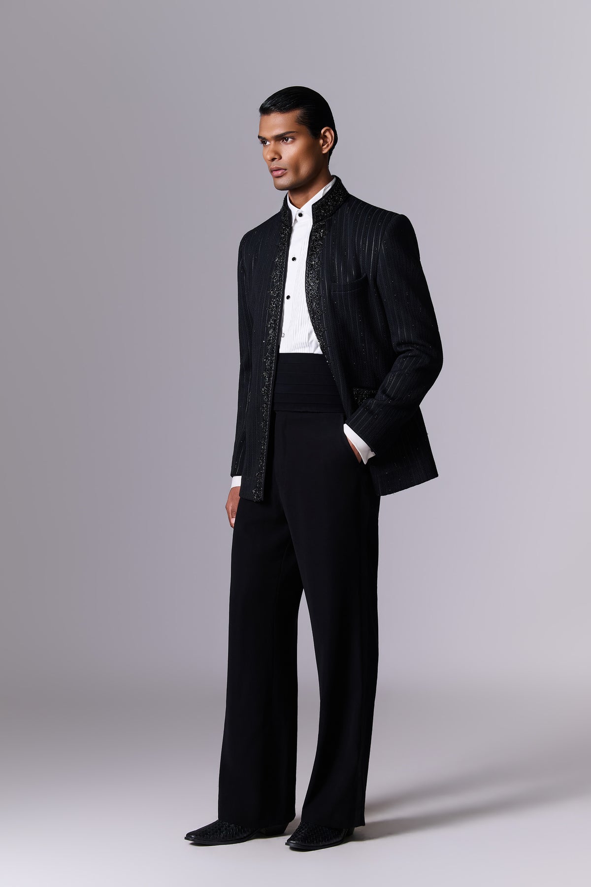 Obsidian Black Textured Bandhgala Set