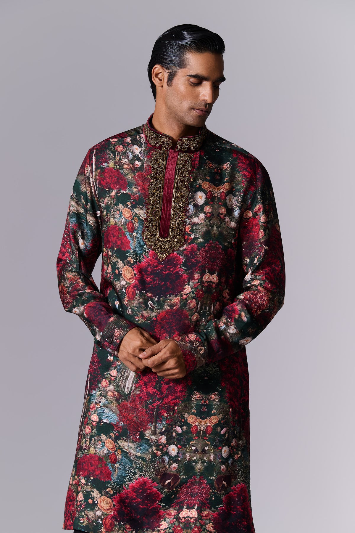 Printed Flora Silk Kurta Set
