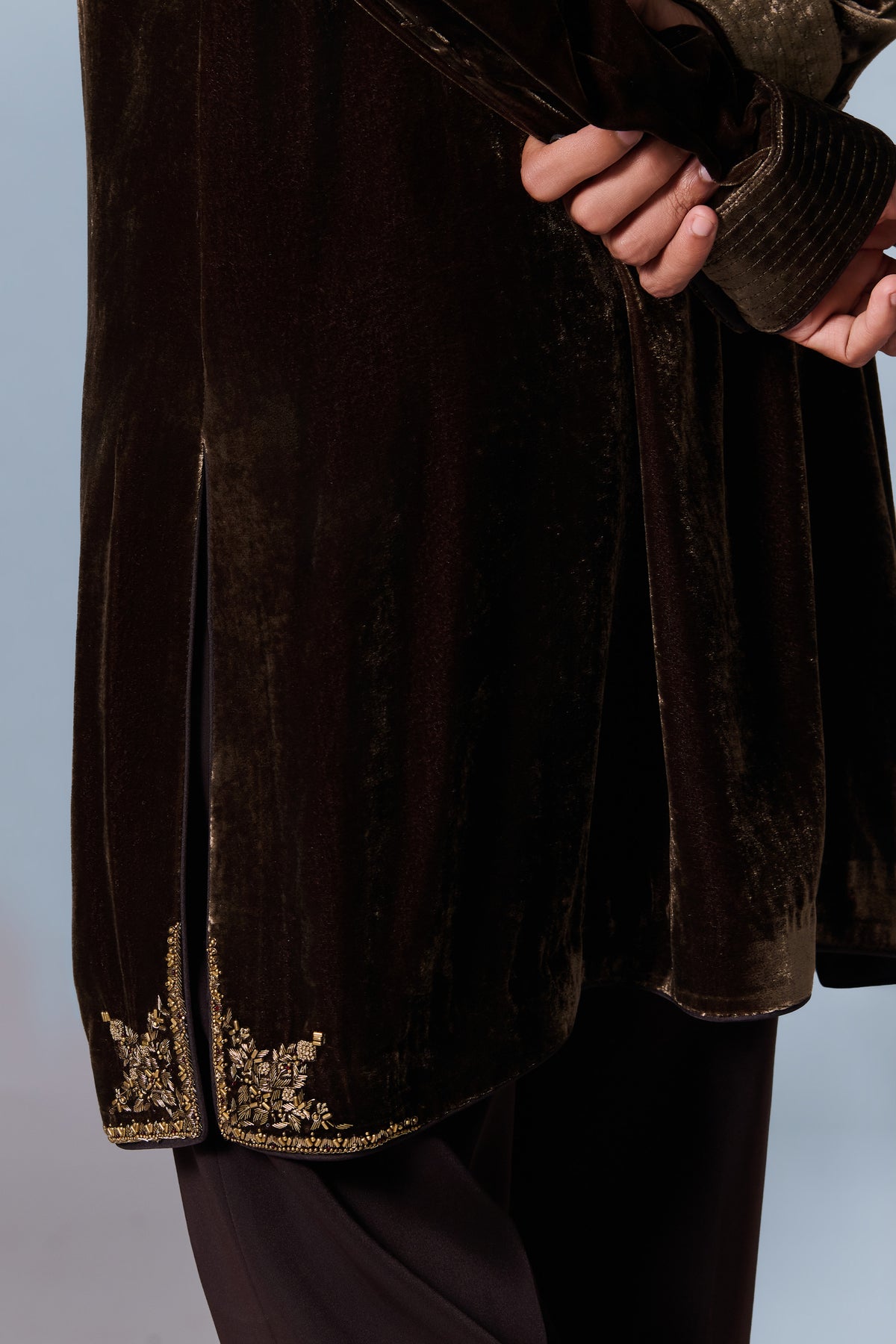 Coffee Brown Embroidered Velvet Kurta Set