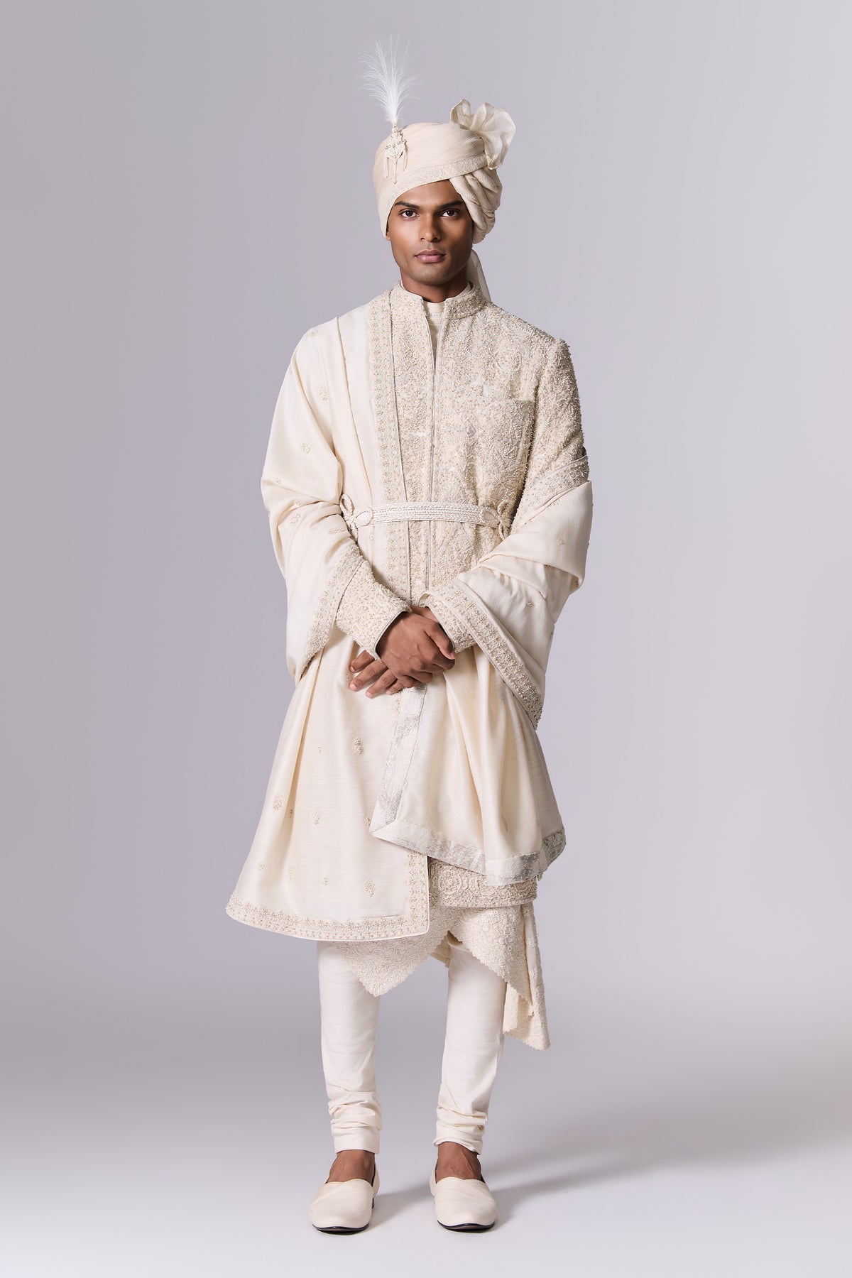 Pebble White Embroidered Sherwani Set