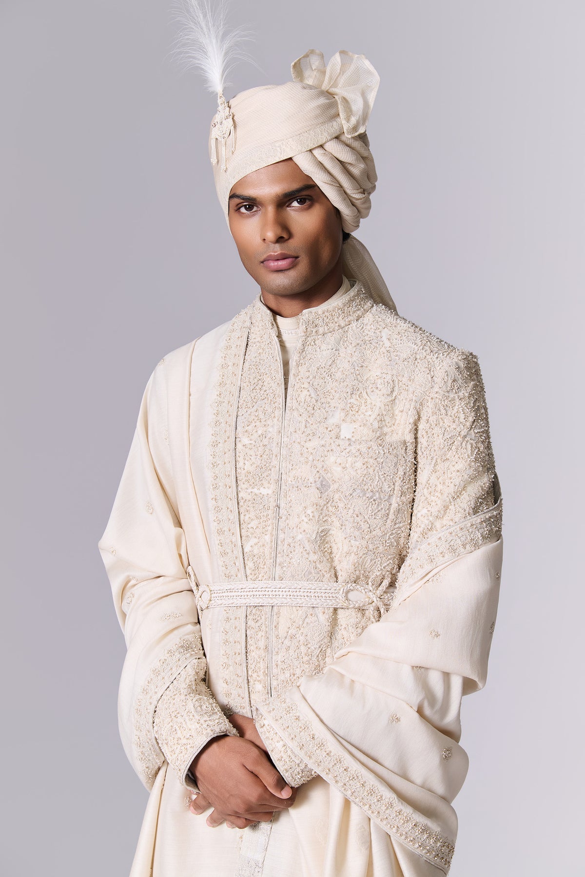 Pebble White Embroidered Sherwani Set