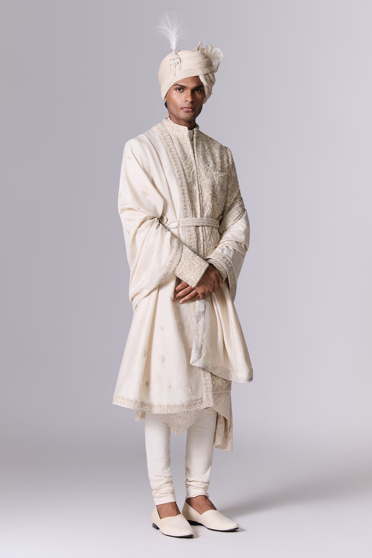 Pebble White Embroidered Sherwani Set