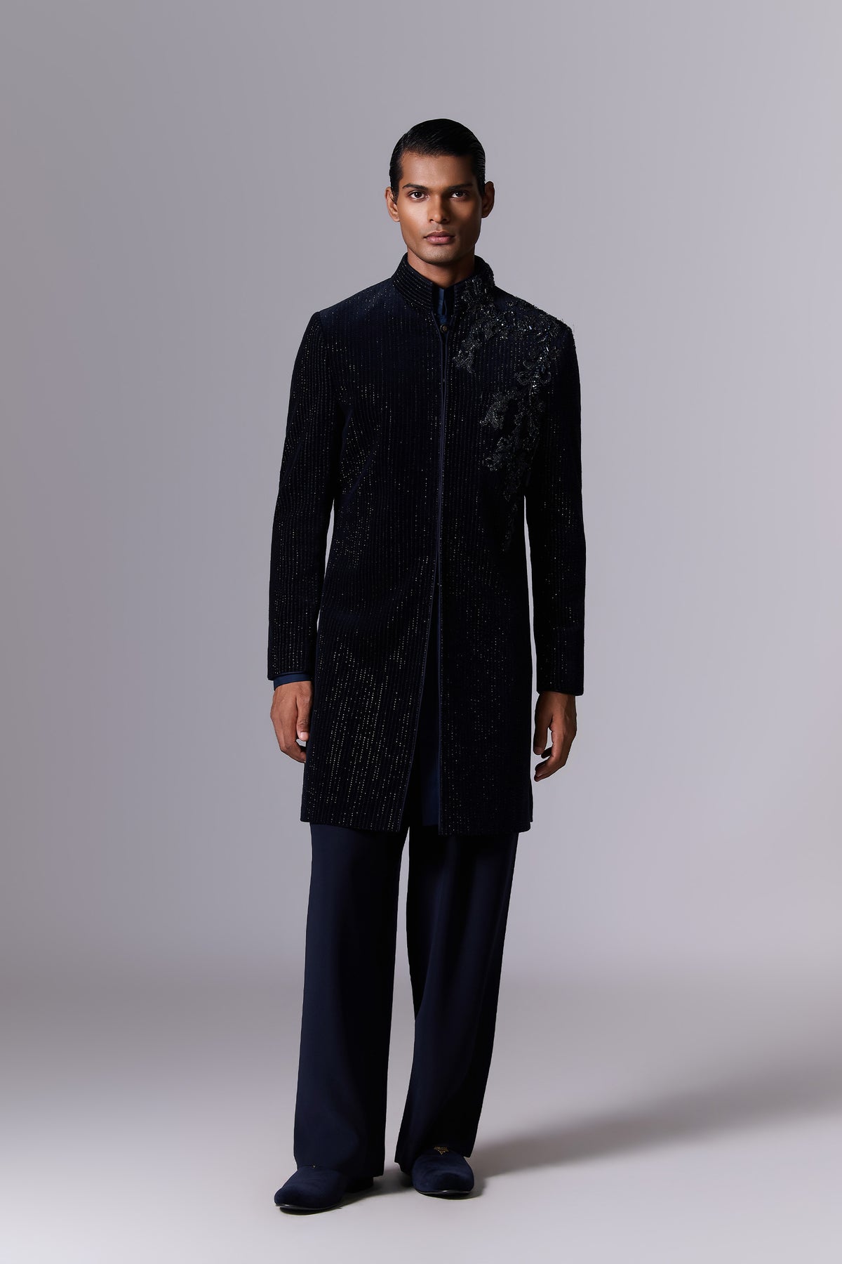 Blue Moon Embroidered Velvet Sherwani Set - front