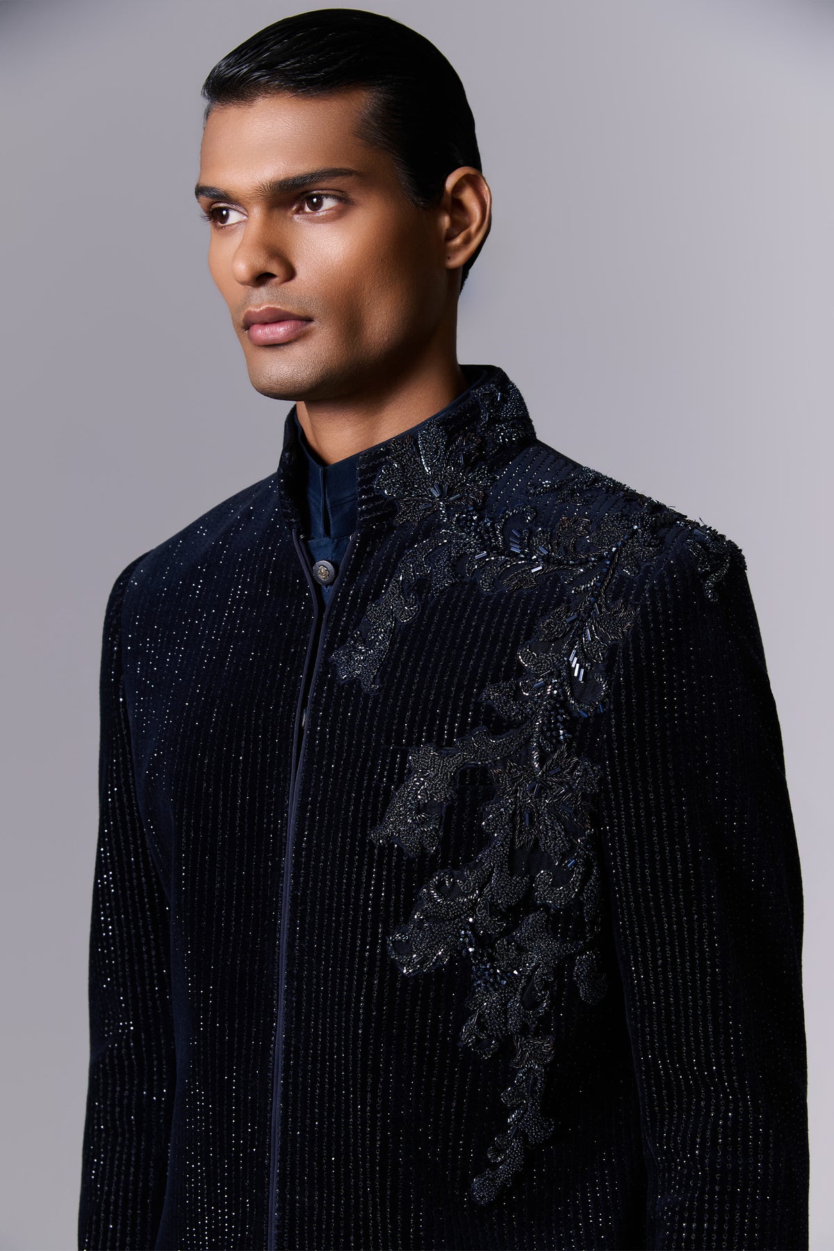 Blue Moon Embroidered Velvet Sherwani Set - embroidery detail