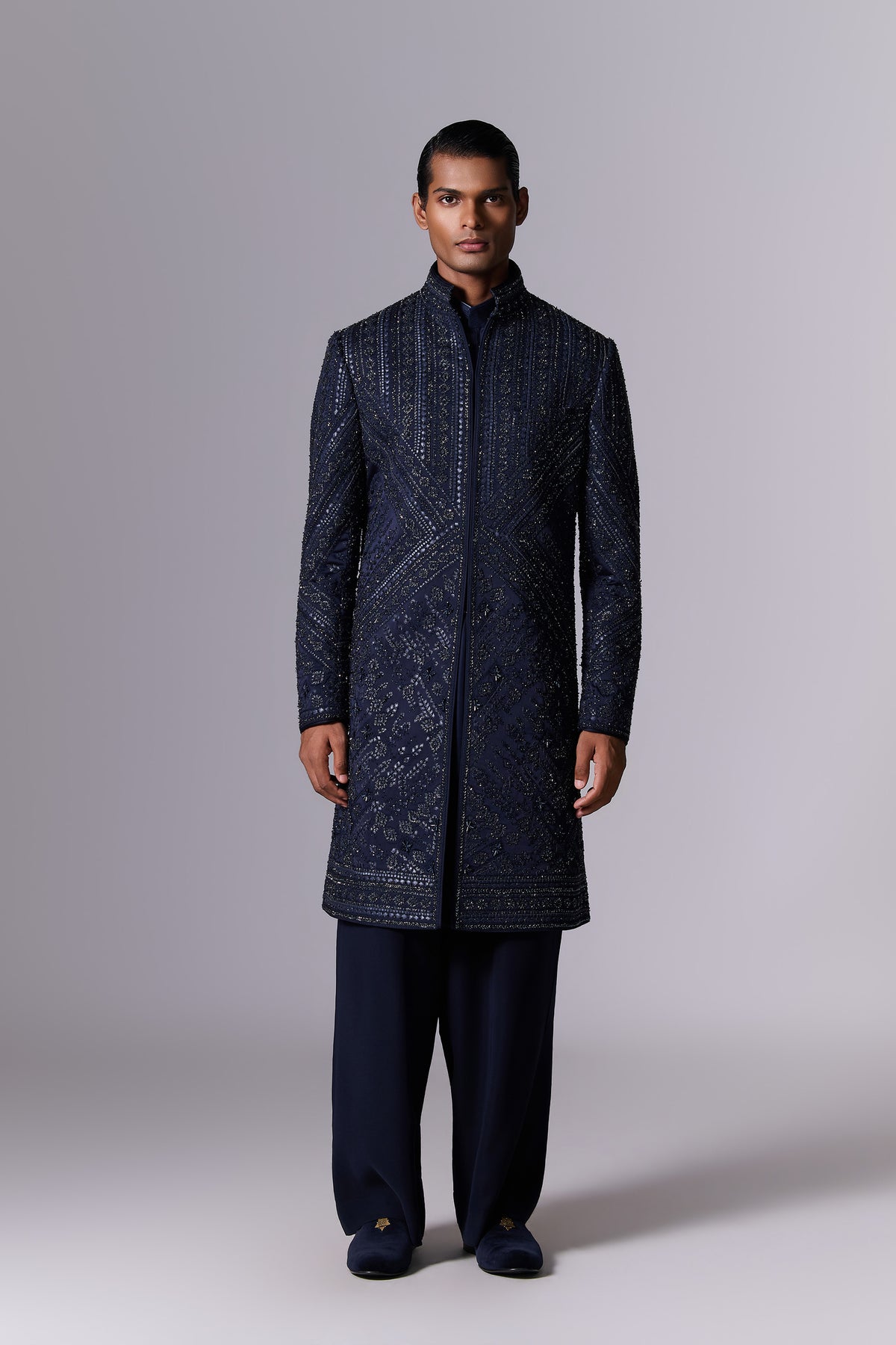 Navy Geometric Embroidered Sherwani Set
