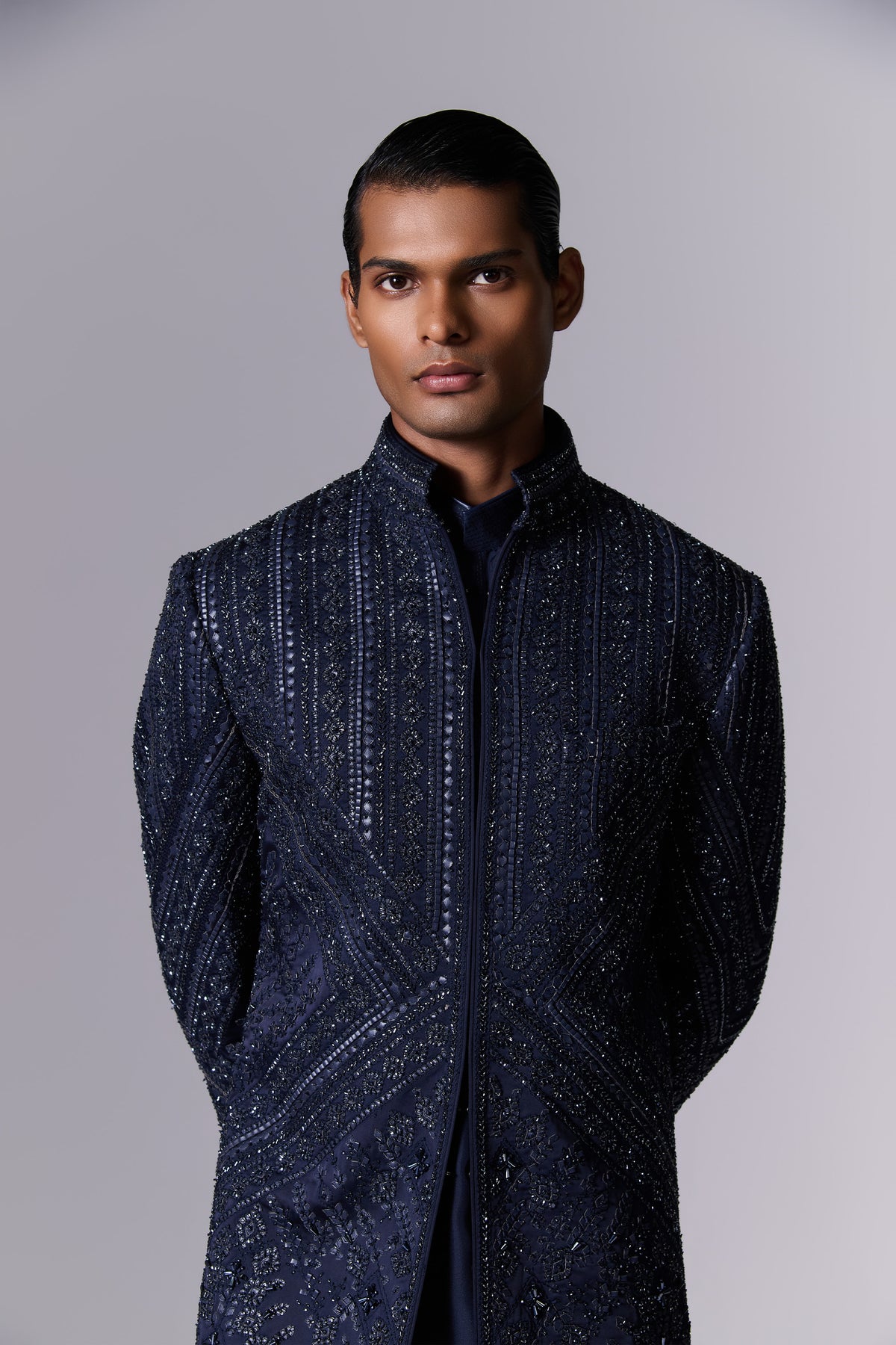 Navy Geometric Embroidered Sherwani Set