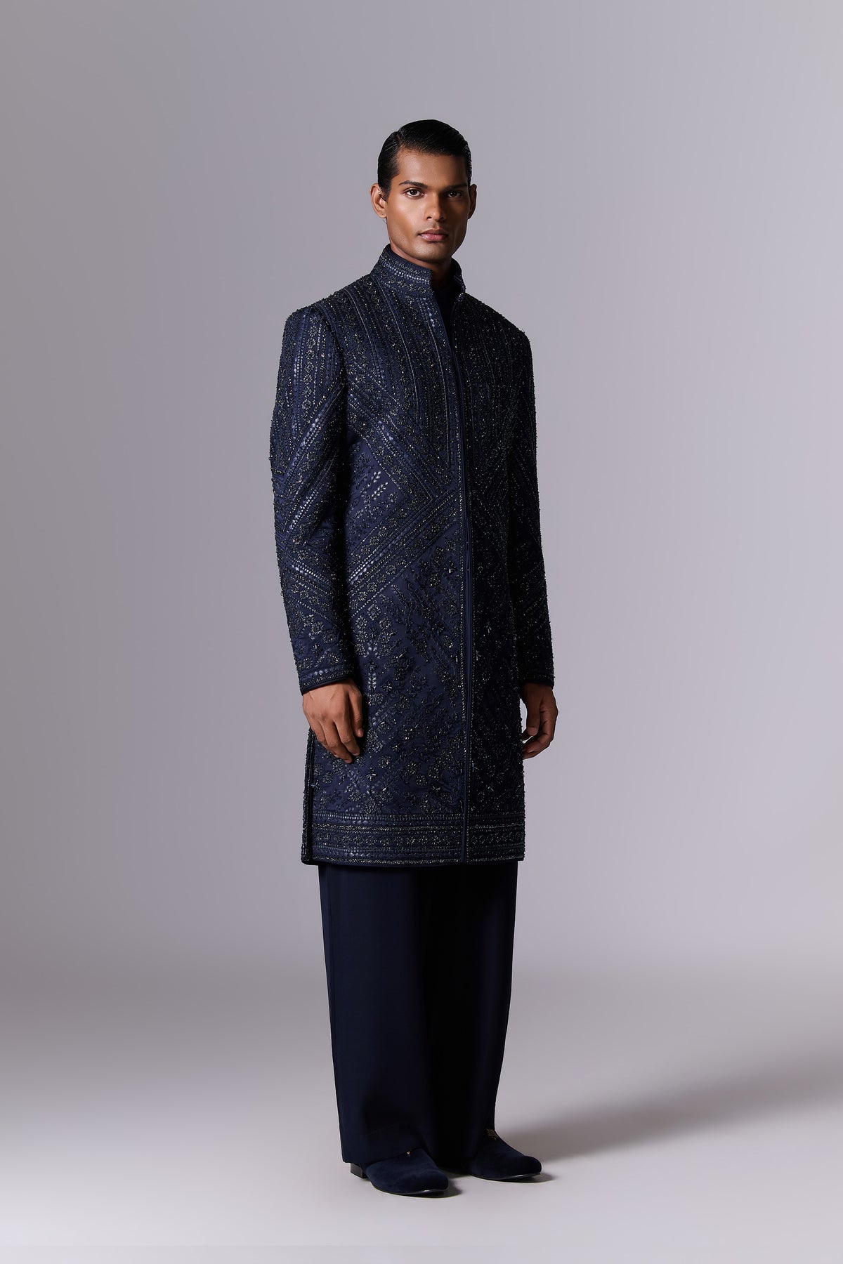 Navy Geometric Embroidered Sherwani Set