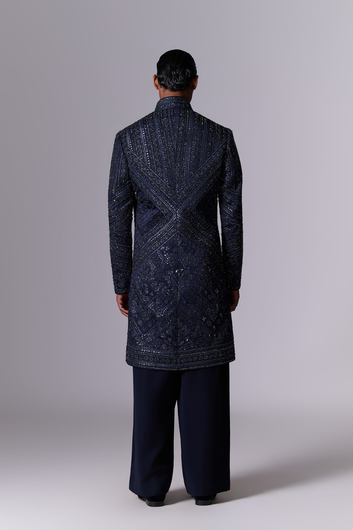 Navy Geometric Embroidered Sherwani Set