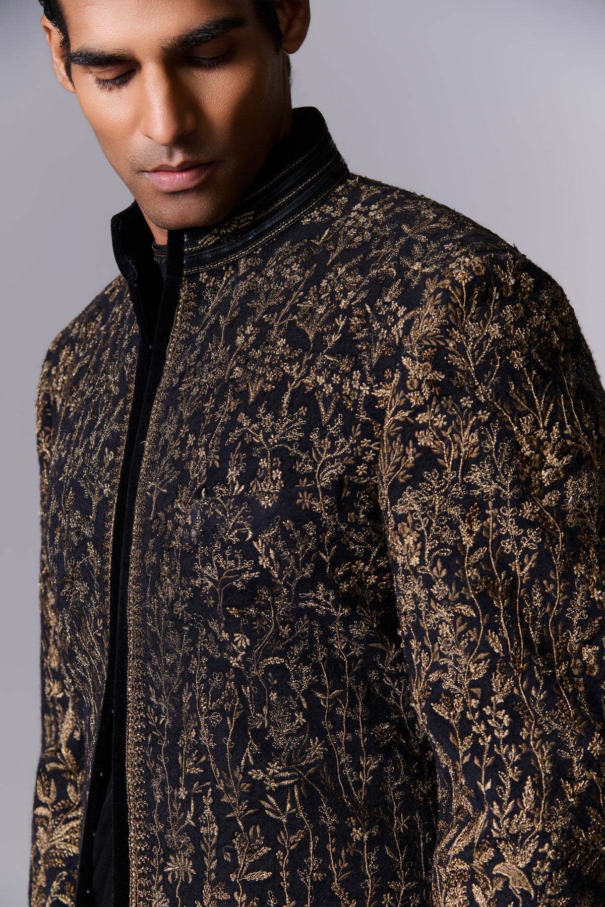 Obsidian Black Gold Embroidered Sherwani Set
