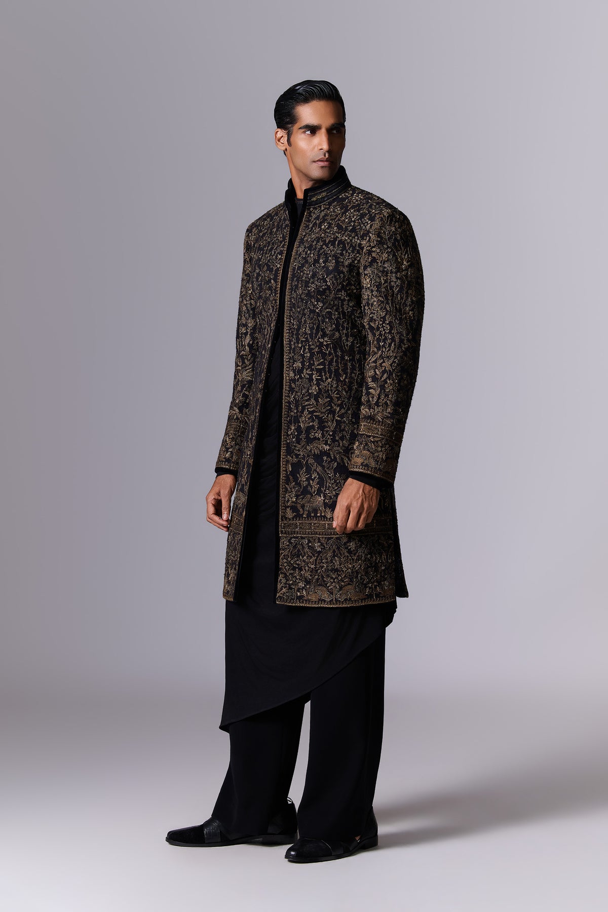 Obsidian Black Gold Embroidered Sherwani Set