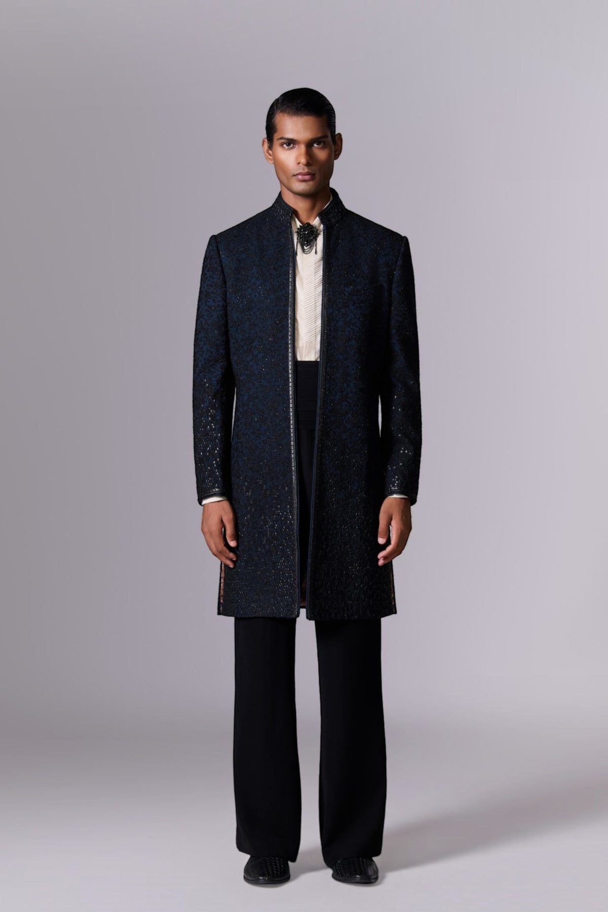 Teal Blue Sherwani Set with Brooch