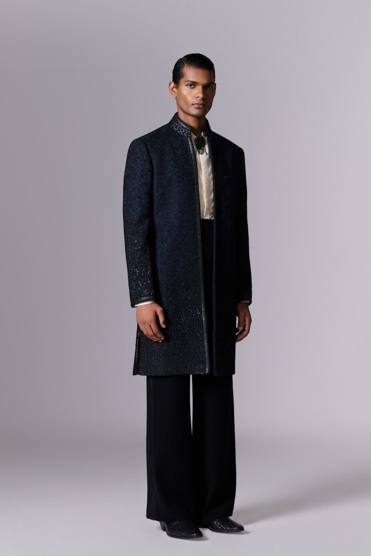 Teal Blue Sherwani Set with Brooch