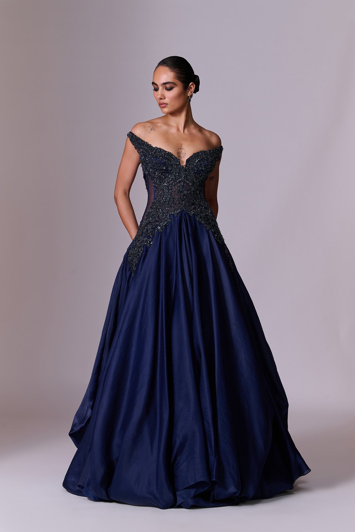 Midnight Blue Embroidered Volume Gown