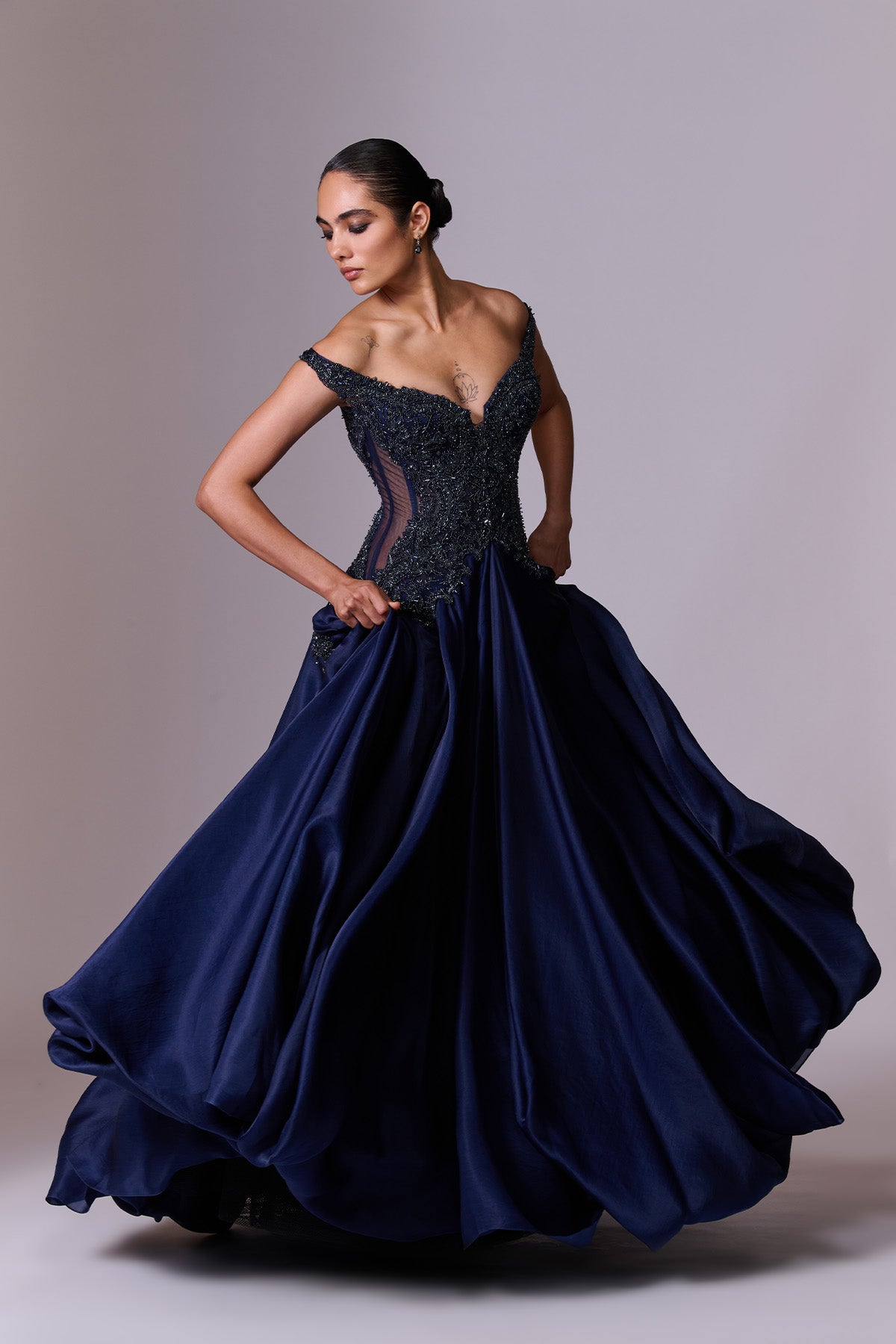 Midnight Blue Embroidered Volume Gown