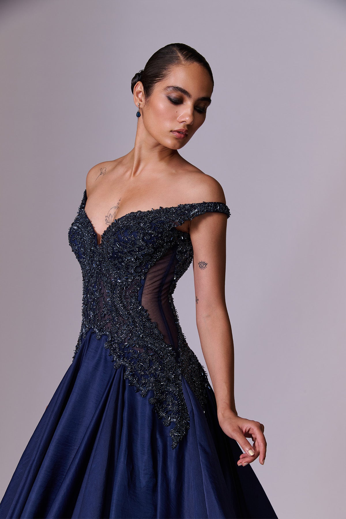 Midnight Blue Embroidered Volume Gown
