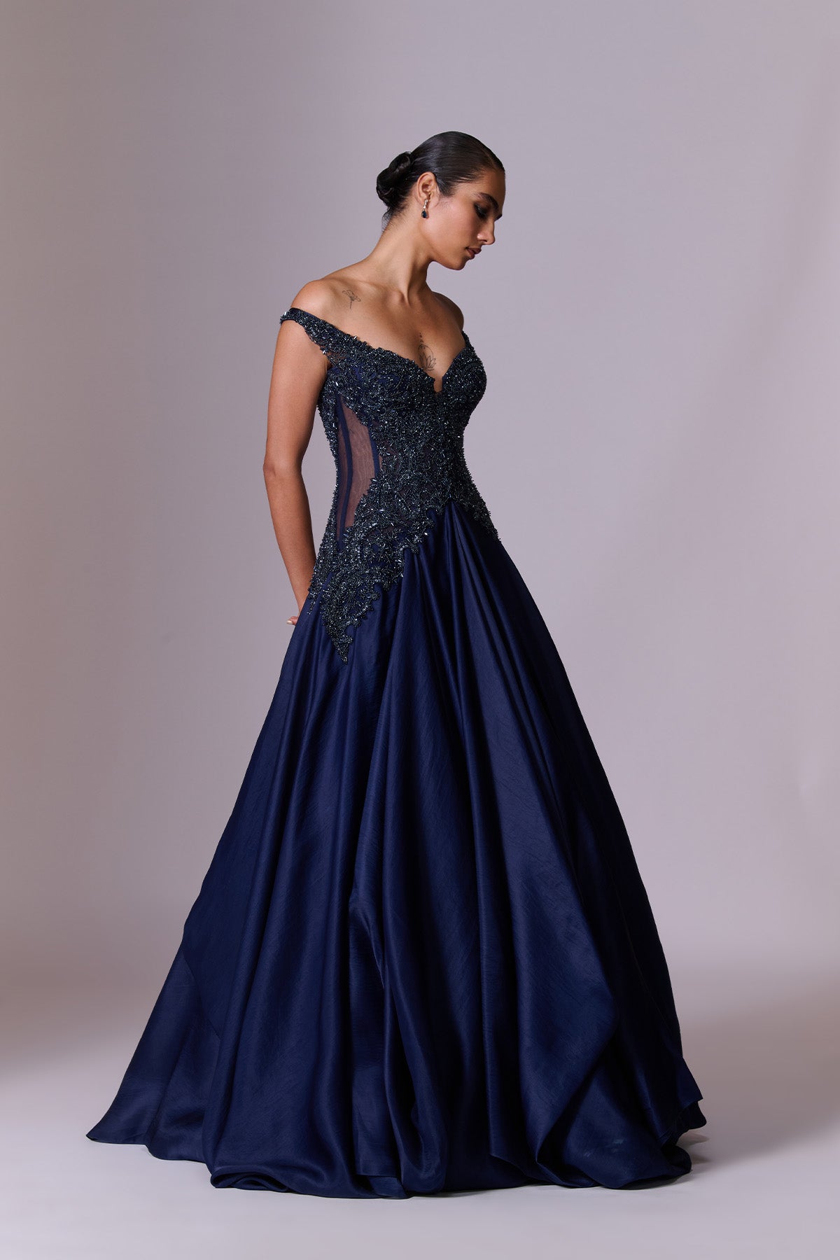 Midnight Blue Embroidered Volume Gown