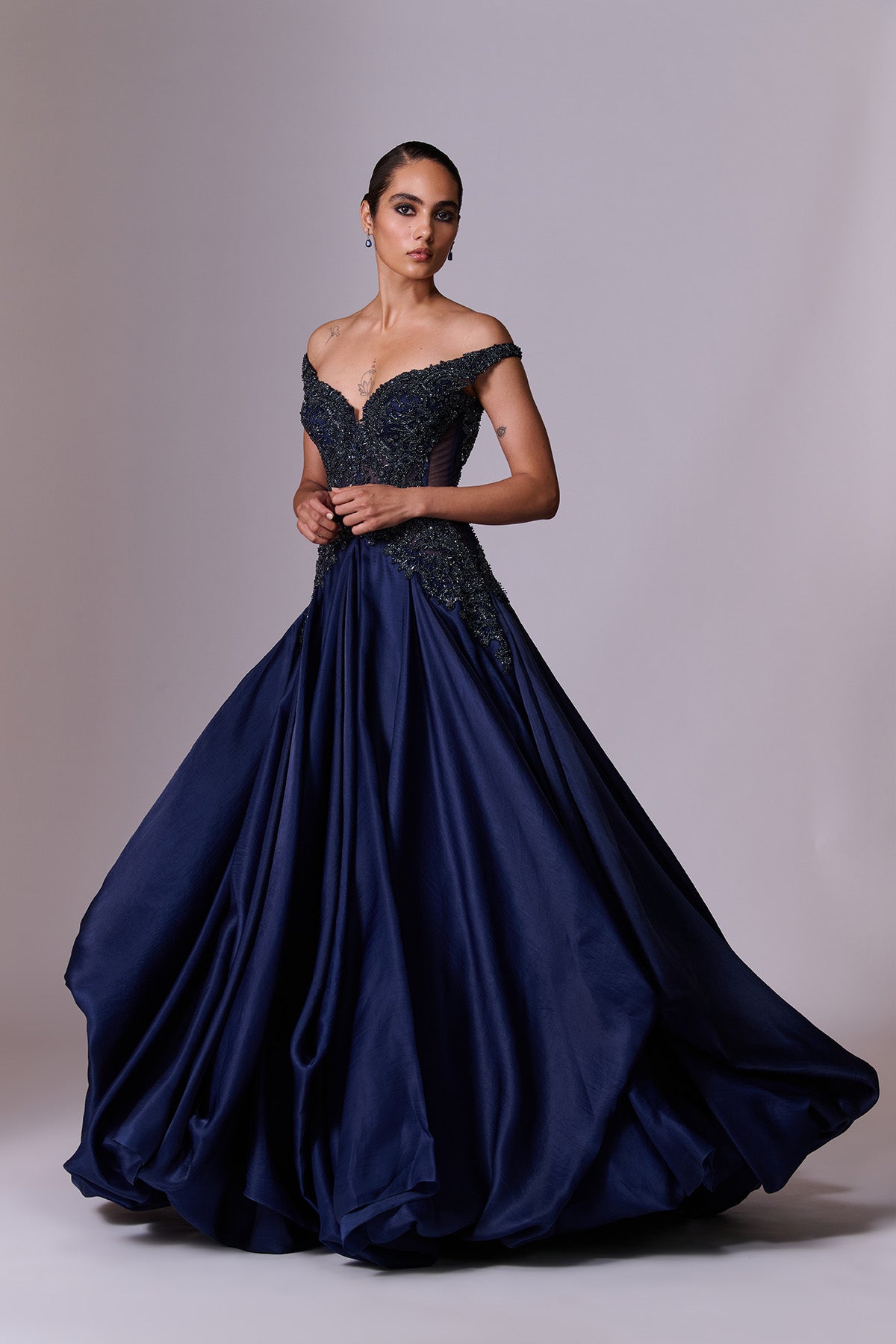Midnight Blue Embroidered Volume Gown
