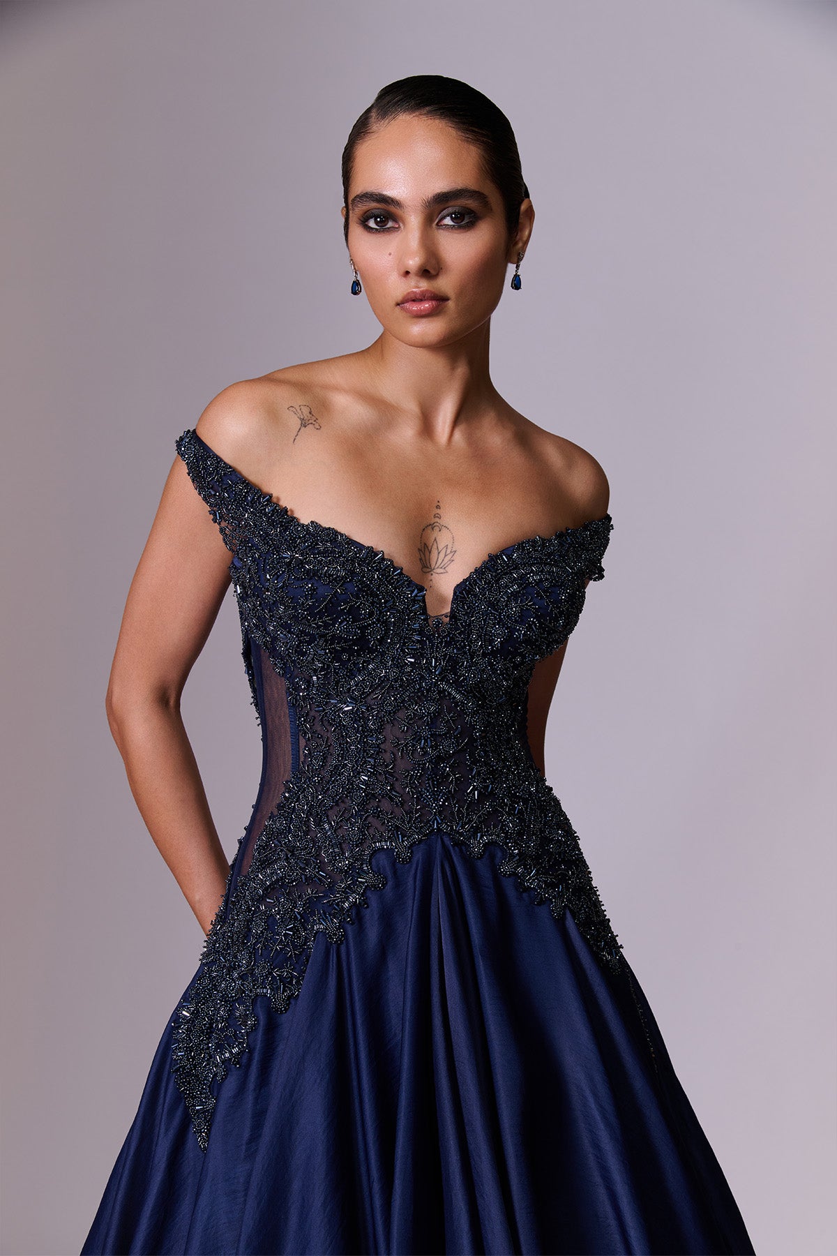 Midnight Blue Embroidered Volume Gown
