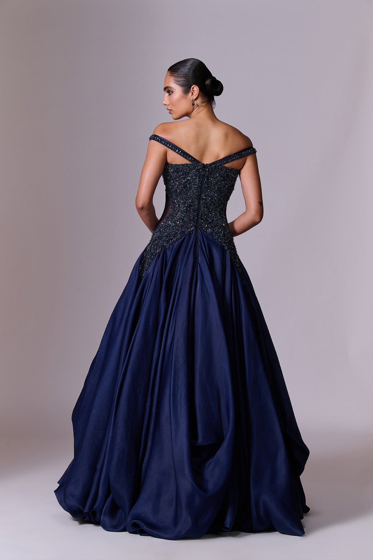 Midnight Blue Embroidered Volume Gown