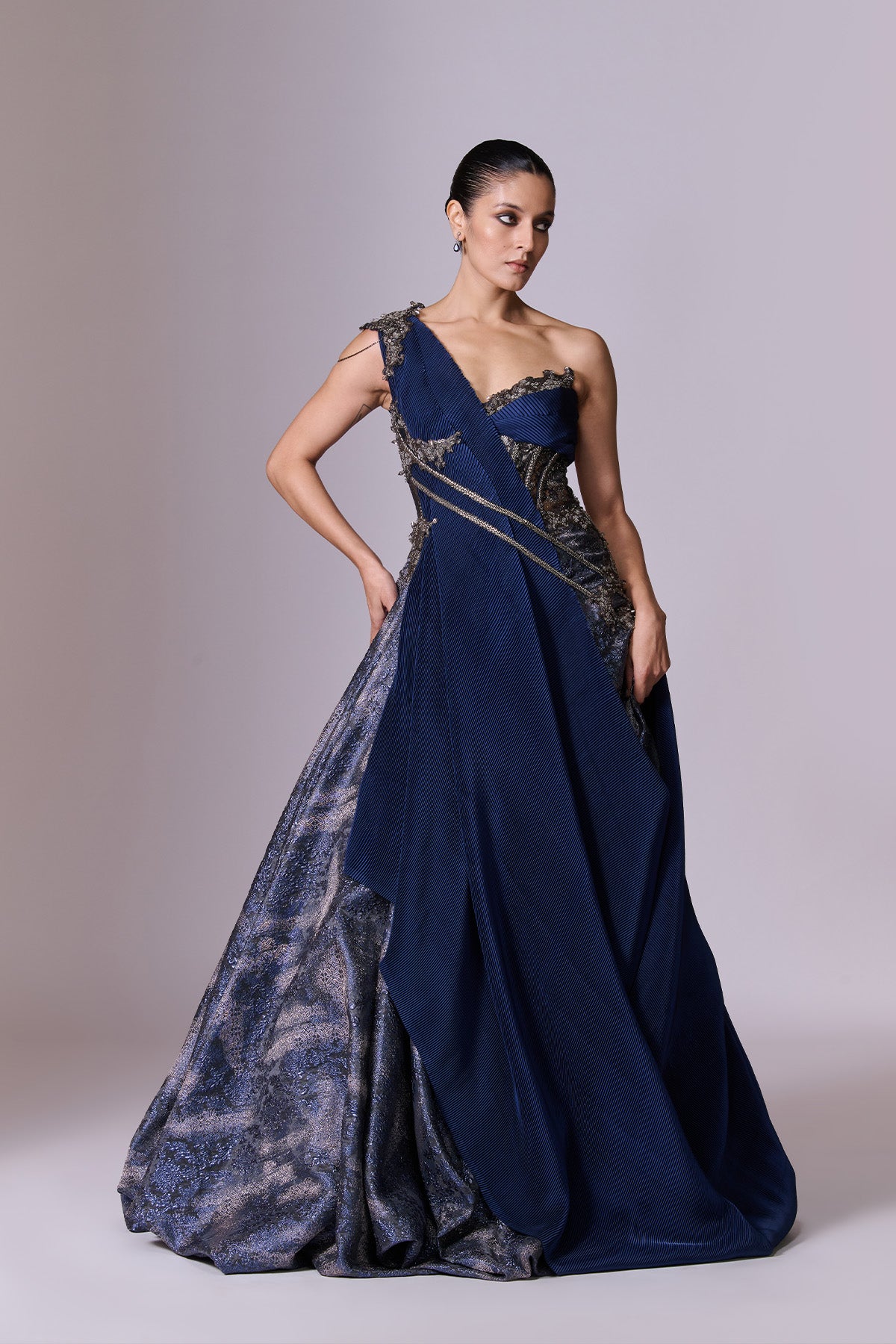 Midnight Blue One-Shoulder Volume Gown