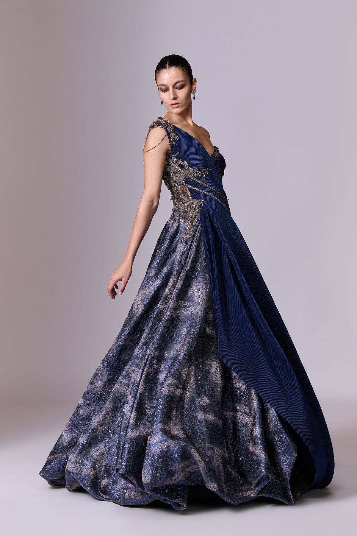 Midnight Blue One-Shoulder Volume Gown