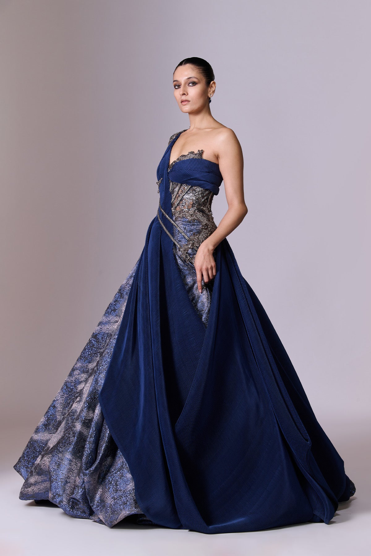Midnight Blue One-Shoulder Volume Gown