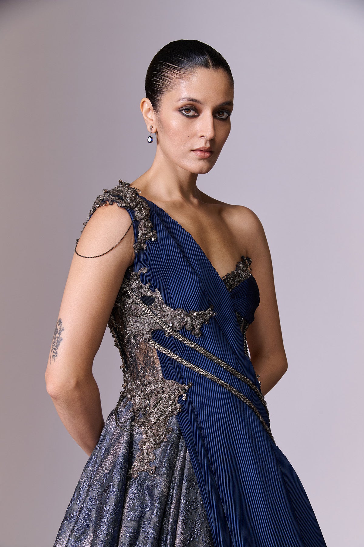 Midnight Blue One-Shoulder Volume Gown