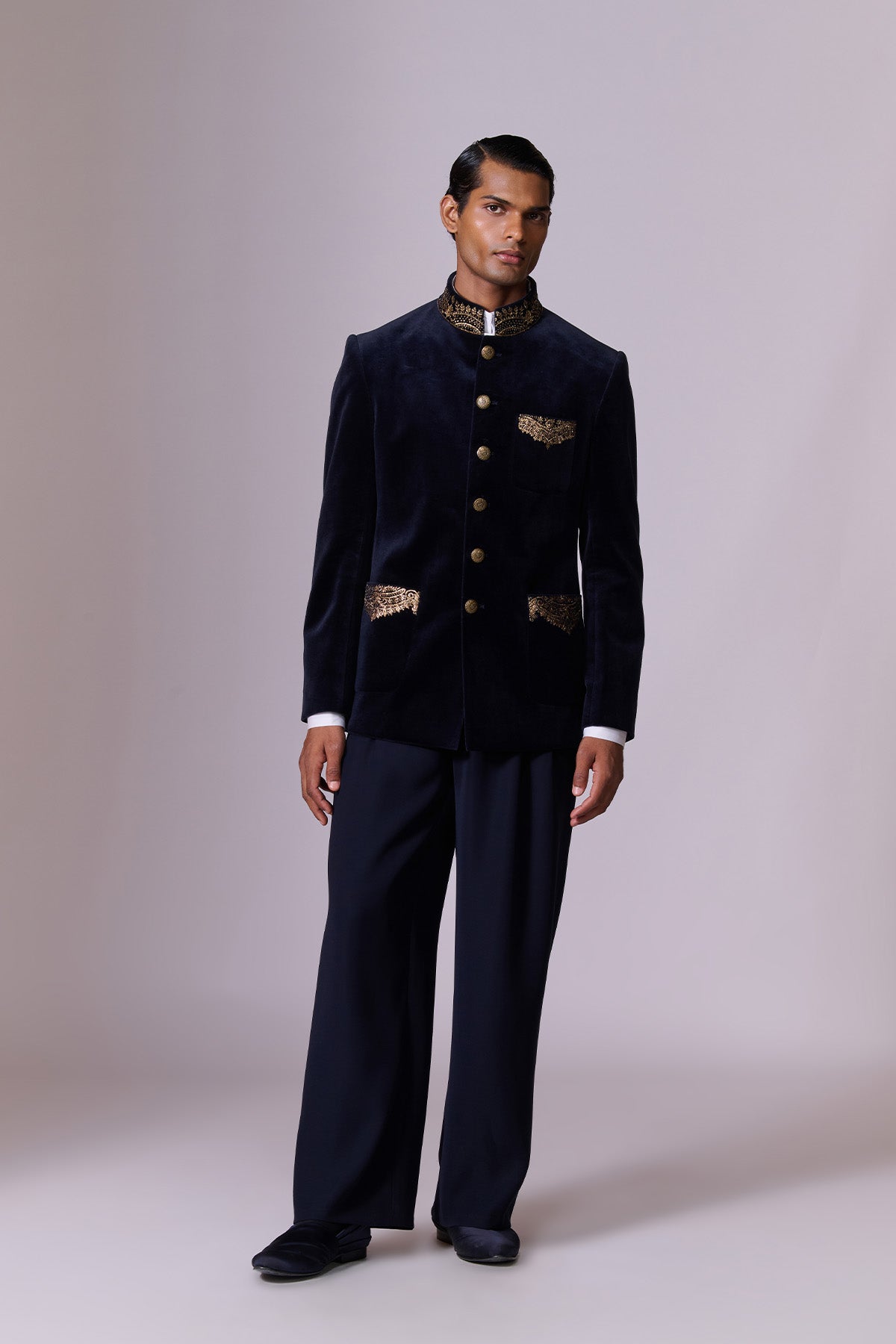 Navy Velvet Bandhgala Set
