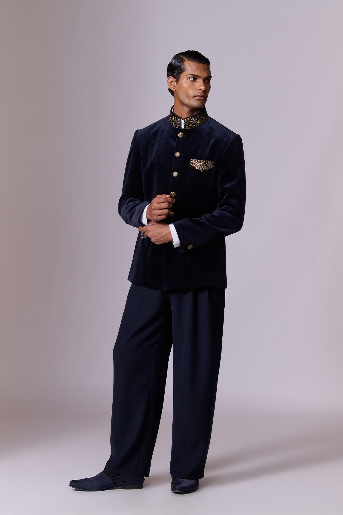 Navy Velvet Bandhgala Set