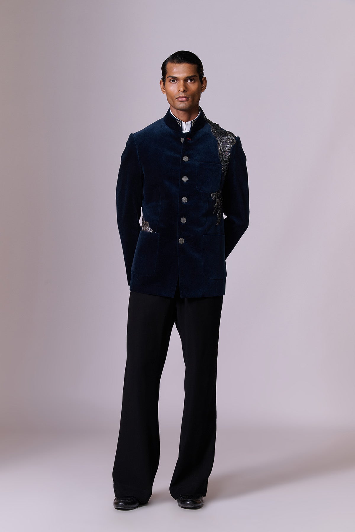 Navy Velvet Eagle Bandhgala Set