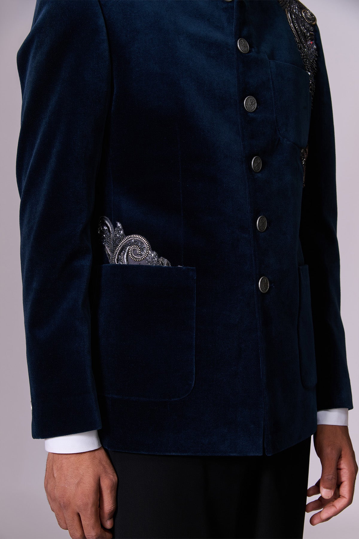 Navy Velvet Eagle Bandhgala Set
