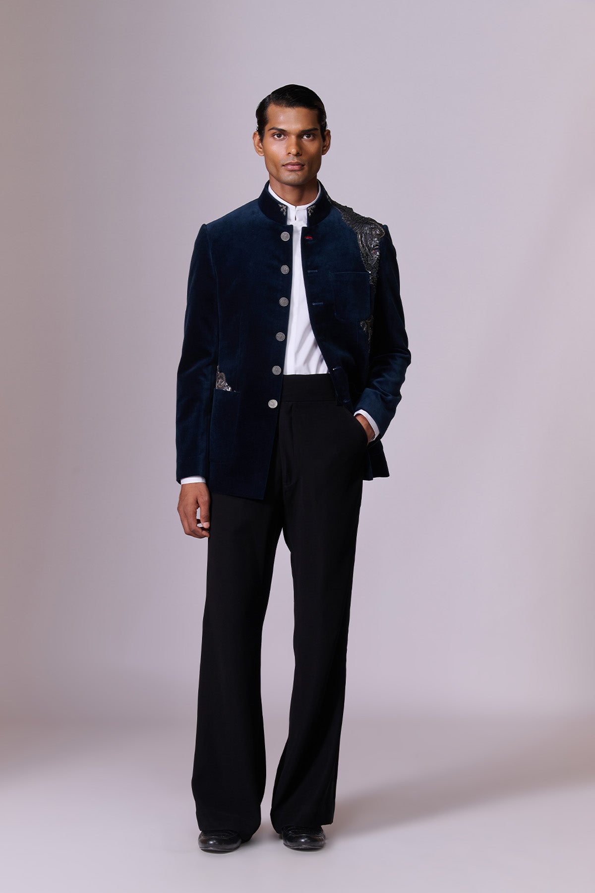 Navy Velvet Eagle Bandhgala Set