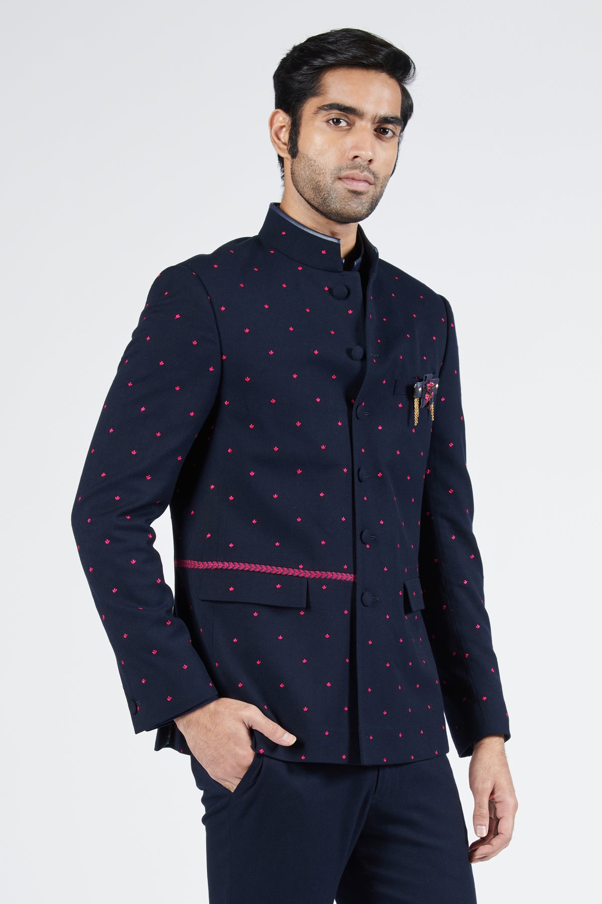 Navy Bandhgala with Pink Embroidery