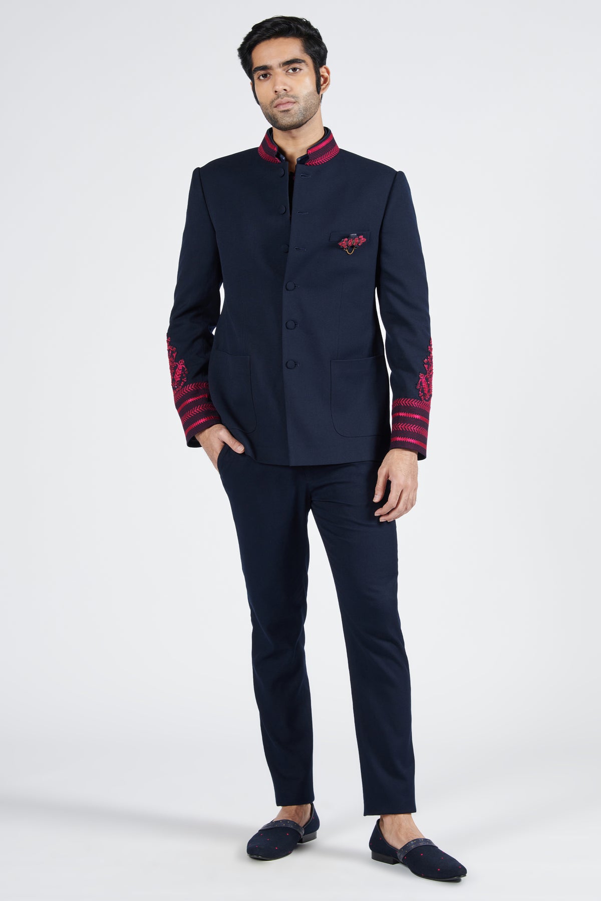 Navy Bandhgala with Embroidered Detail
