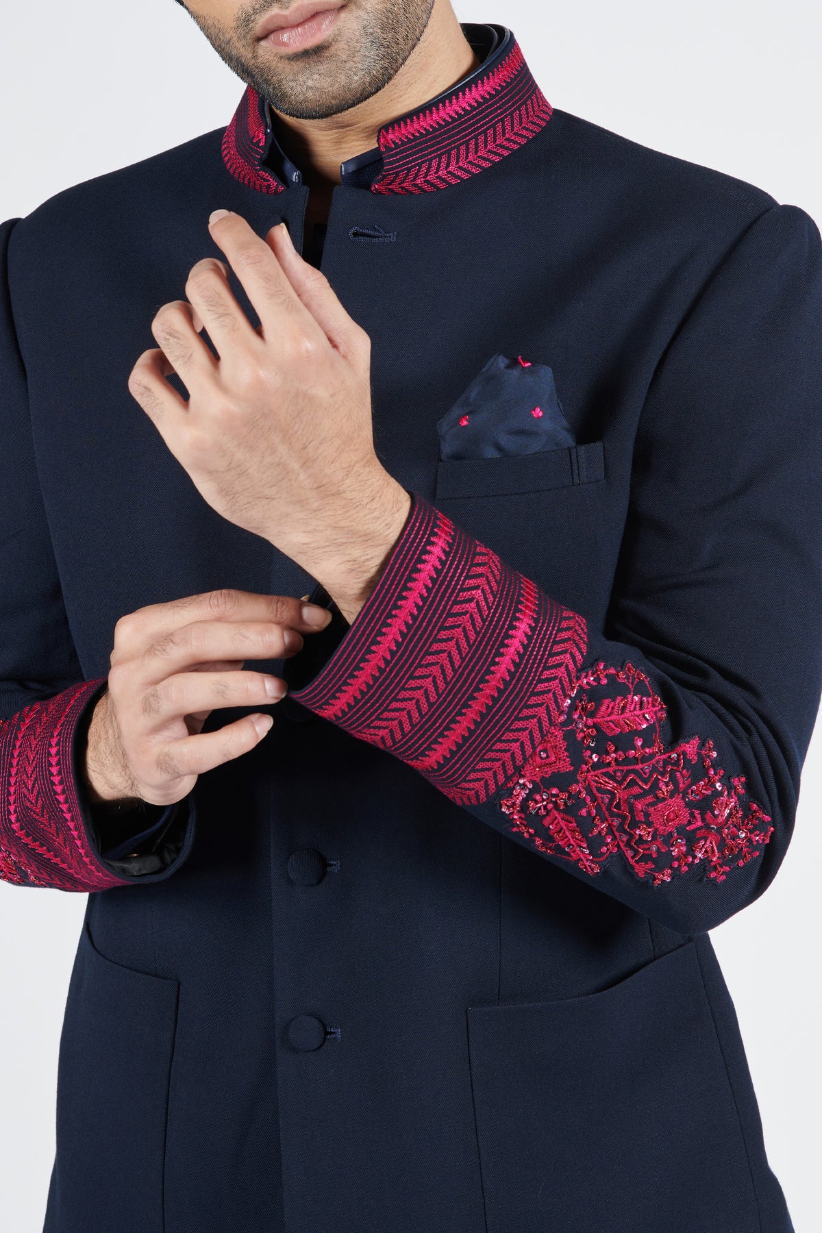 Navy Bandhgala with Embroidered Detail