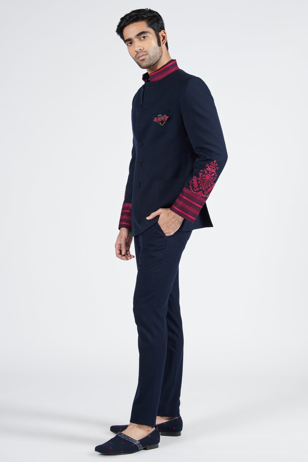 Navy Bandhgala with Embroidered Detail