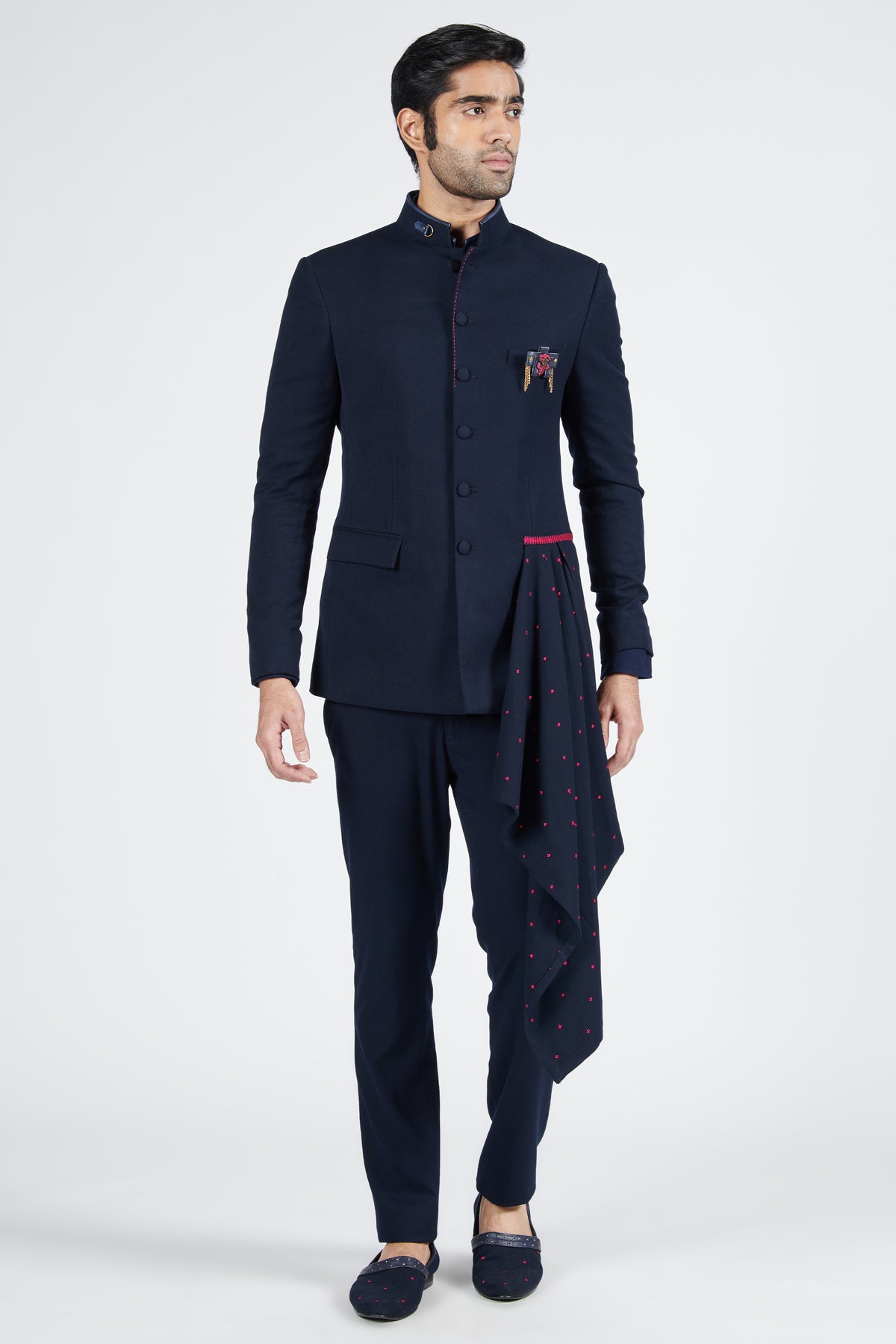 Navy Bandhgala with Embroidered Drape