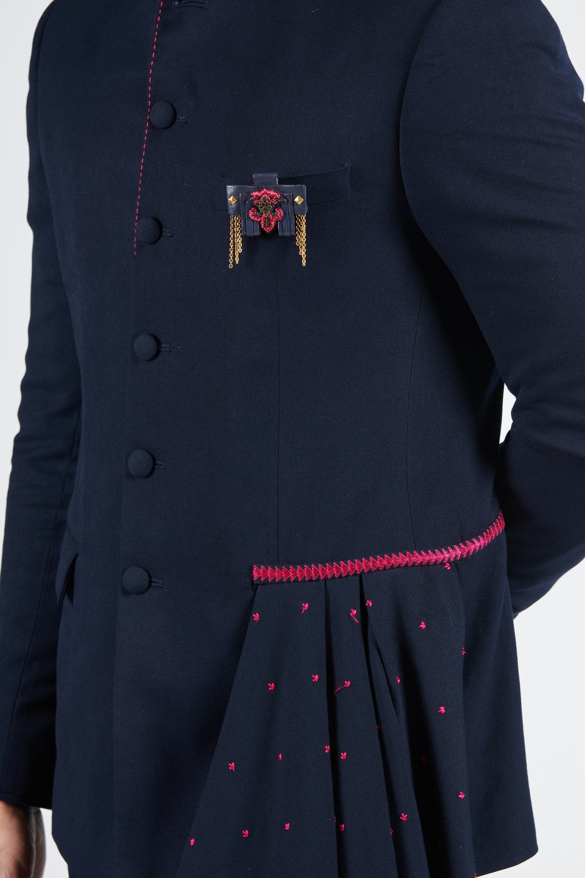 Navy Bandhgala with Embroidered Drape