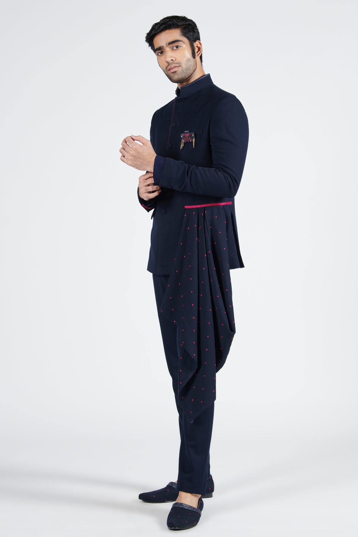 Navy Bandhgala with Embroidered Drape