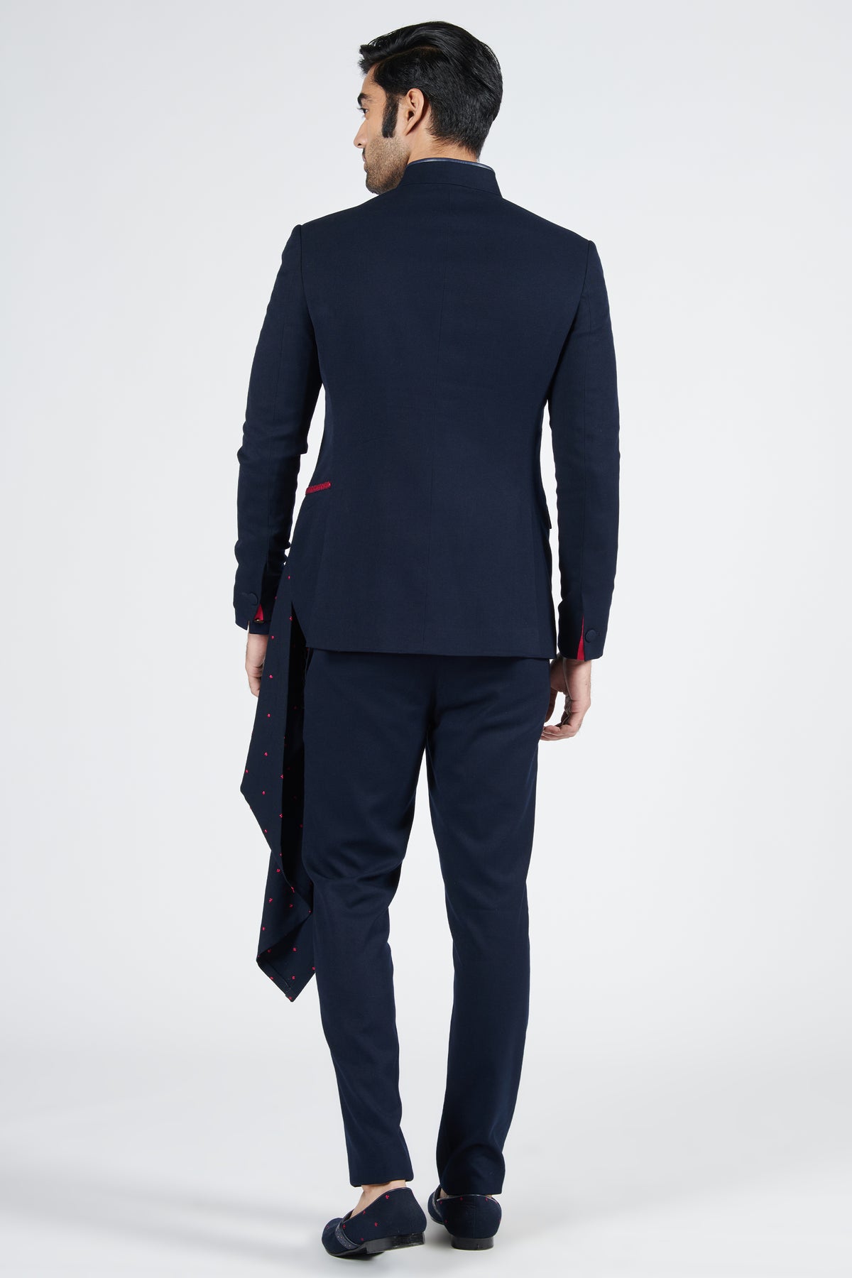 Navy Bandhgala with Embroidered Drape